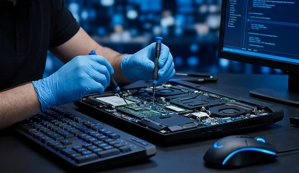 Laptop repair by a technician at a computer sales and service centre in Kangeyam